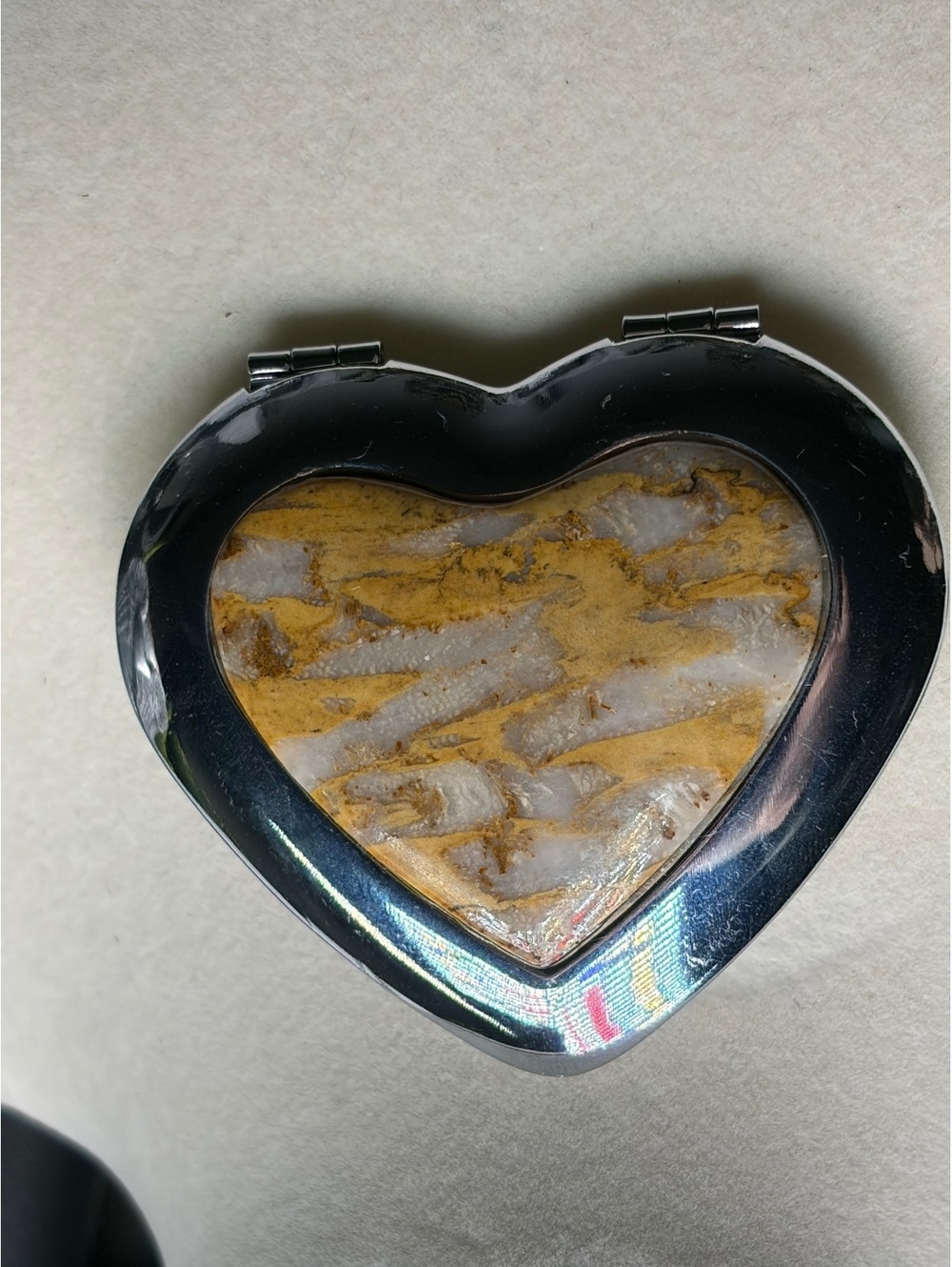 Heart Shaped Silver Tone Two-Sided Mirror-Brecciated Jasper Inlay